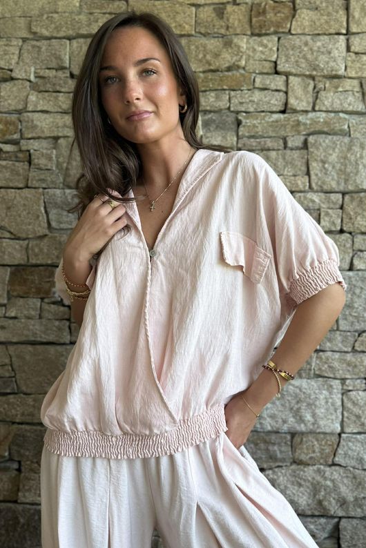 Basso Button Drape Cap Sleeve Shirt Seashell